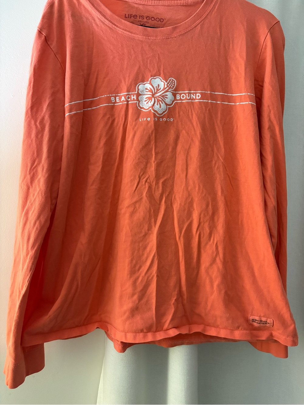 Life Is Good Women's Long-Sleeve Tee in Coral Orange - Beach Bound